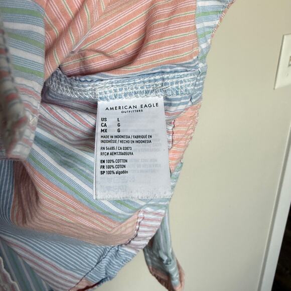American Eagle Womens Button Up Top Large Colorful Patchwork Stripes Boxy Pastel - Picture 5 of 7